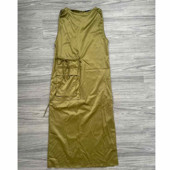 Zara | Dresses | Zara Olive Green Satin Dress With Front Pocket And Side  Vent | Poshmark